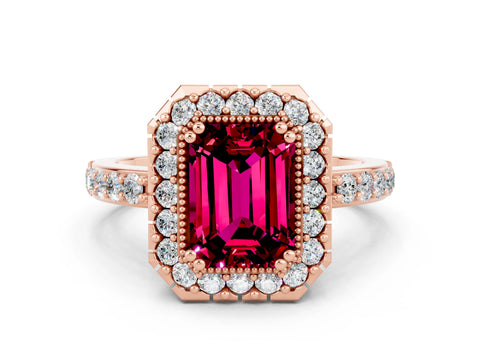 Rose gold Emerald Cut Diamond Halo Ring with Pavé Band and Prong Setting