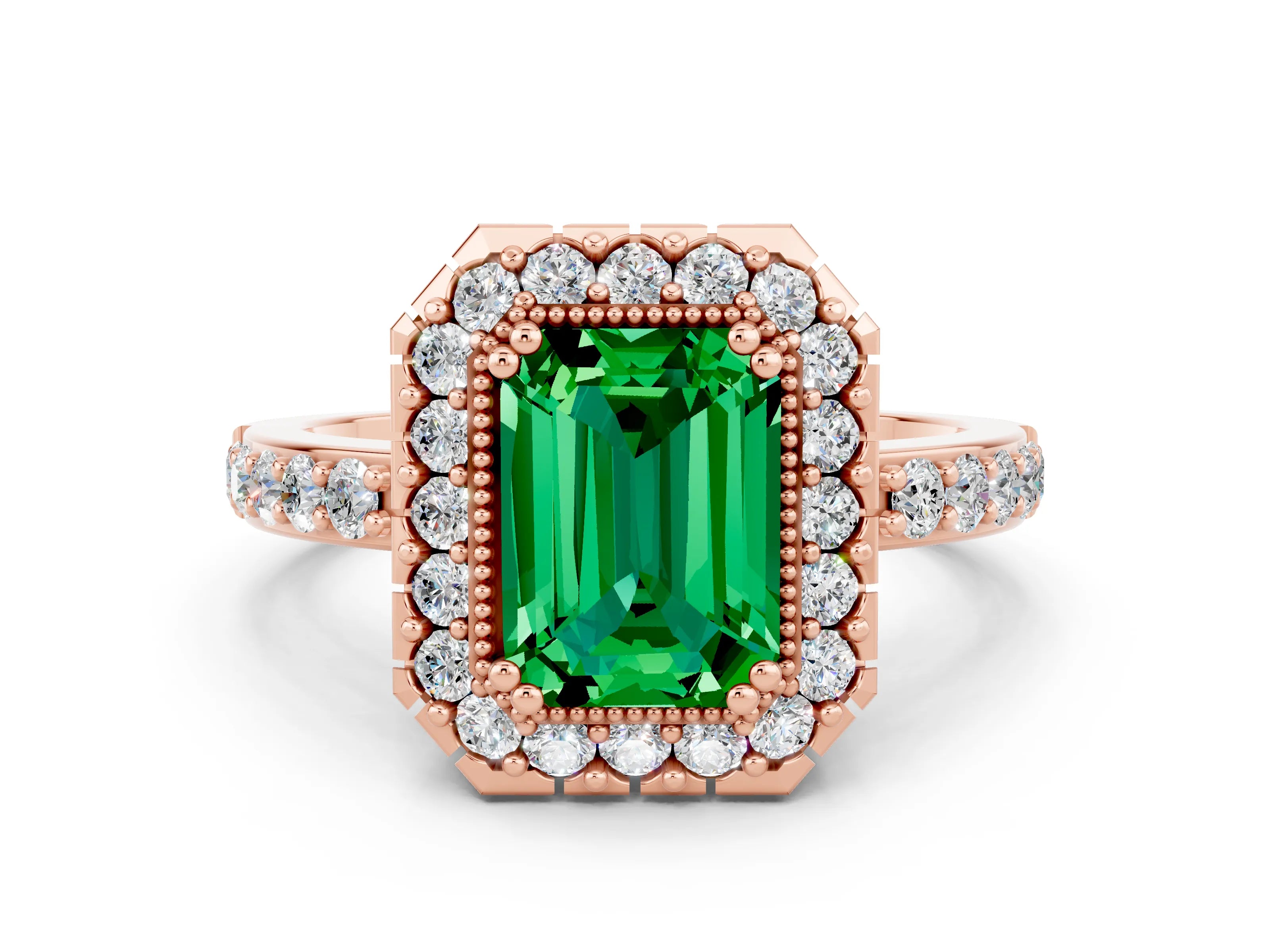 Rose gold Emerald Cut Diamond Halo Ring with Pavé Band and Prong Setting