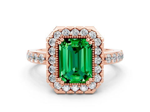 Rose gold Emerald Cut Diamond Halo Ring with Pavé Band and Prong Setting