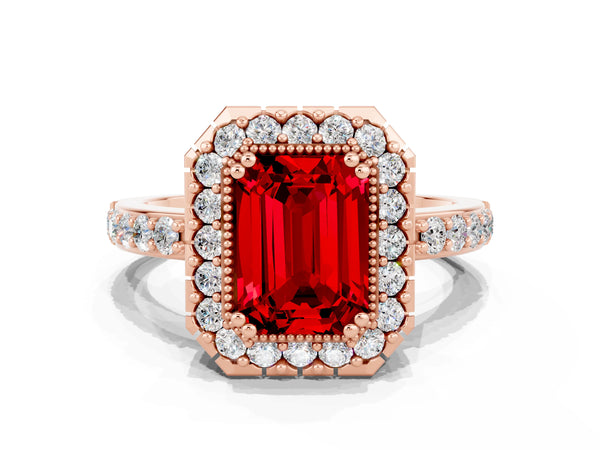 Rose gold Emerald Cut Ruby Halo Ring with Pavé Band and Prong Setting