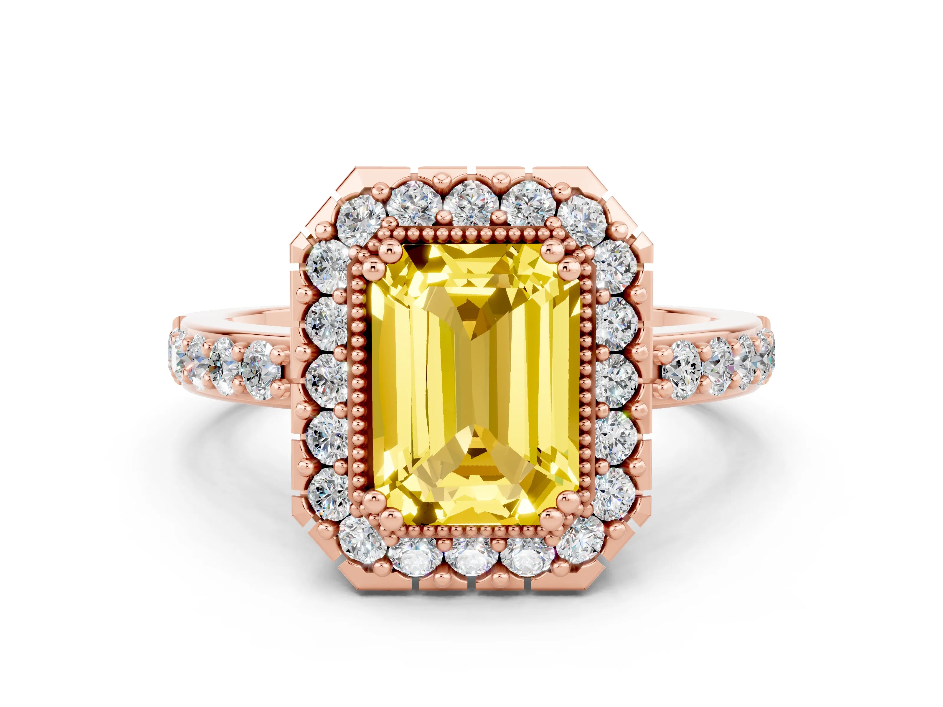 Rose gold Emerald Cut Diamond Halo Ring with Pavé Band and Prong Setting