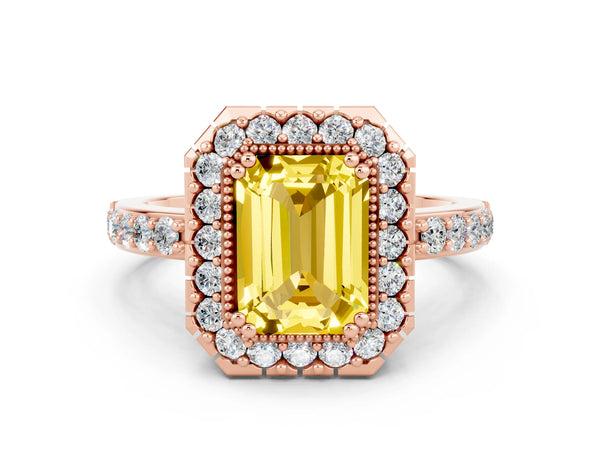 Rose gold Emerald Cut Yellow Sapphire Halo Ring with Pavé Band and Prong Setting