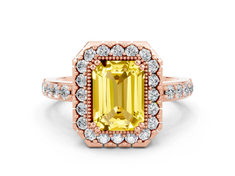 Rose gold Emerald Cut Diamond Halo Ring with Pavé Band and Prong Setting