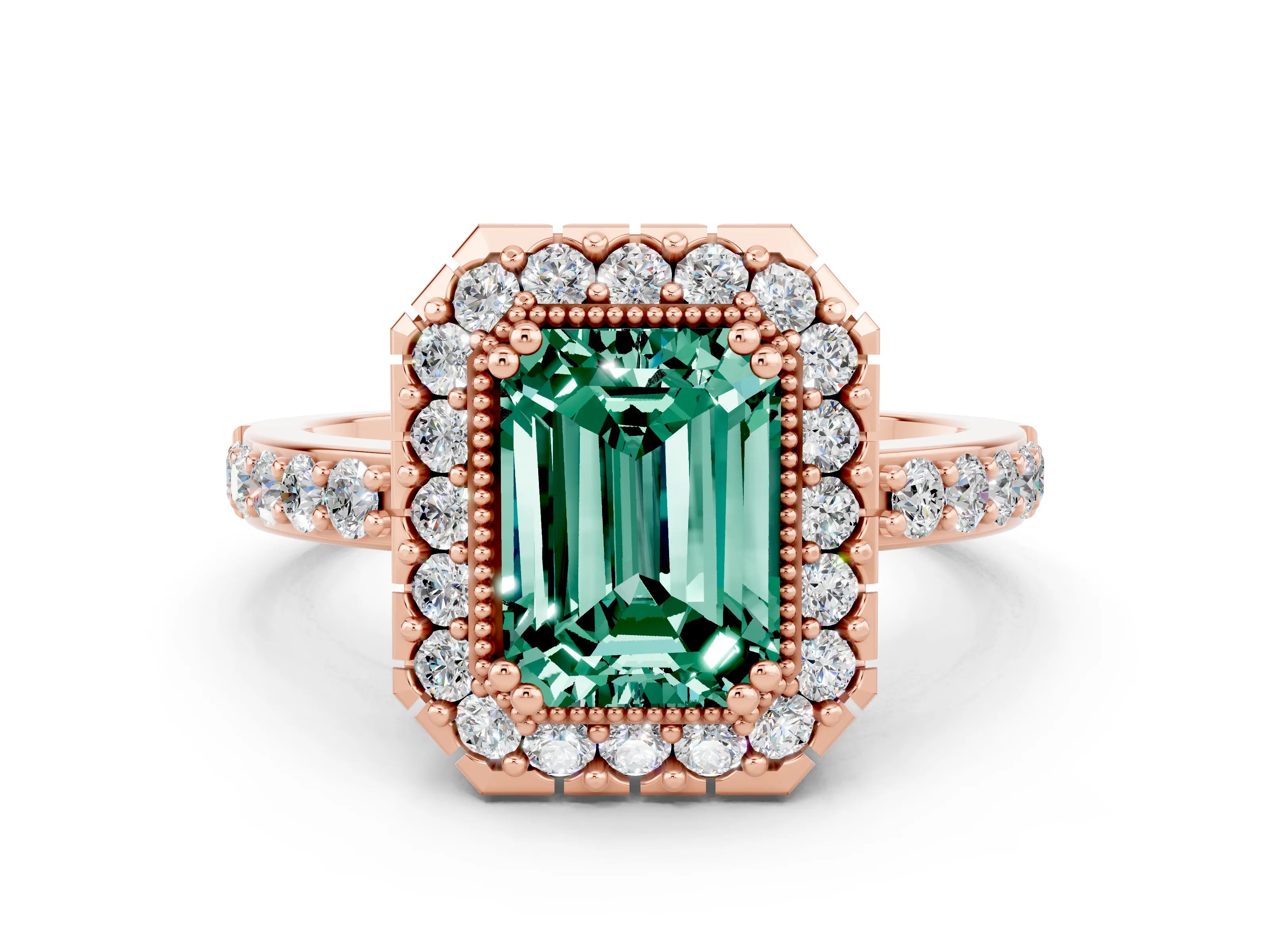 Rose gold Emerald Cut Diamond Halo Ring with Pavé Band and Prong Setting
