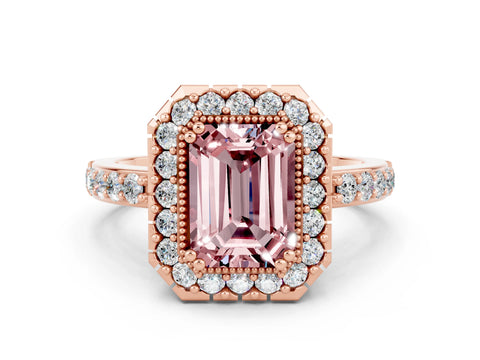 Rose gold Emerald Cut Diamond Halo Ring with Pavé Band and Prong Setting