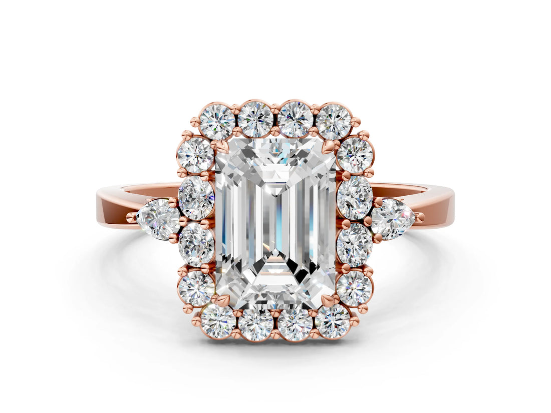 Rose gold Emerald Cut Diamond Halo Ring with Pear Side Stones and Prong Setting_58