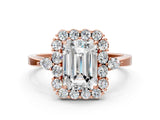 Rose gold Emerald Cut Diamond Halo Ring with Pear Side Stones and Prong Setting_58
