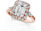 Rose gold Emerald Cut Diamond Halo Ring with Pear Side Stones and Prong Setting_59