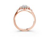 Rose gold Emerald Cut Diamond Halo Ring with Pear Side Stones and Prong Setting_61