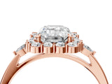Rose gold Emerald Cut Diamond Halo Ring with Pear Side Stones and Prong Setting_62