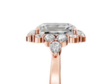 Rose gold Emerald Cut Diamond Halo Ring with Pear Side Stones and Prong Setting_63