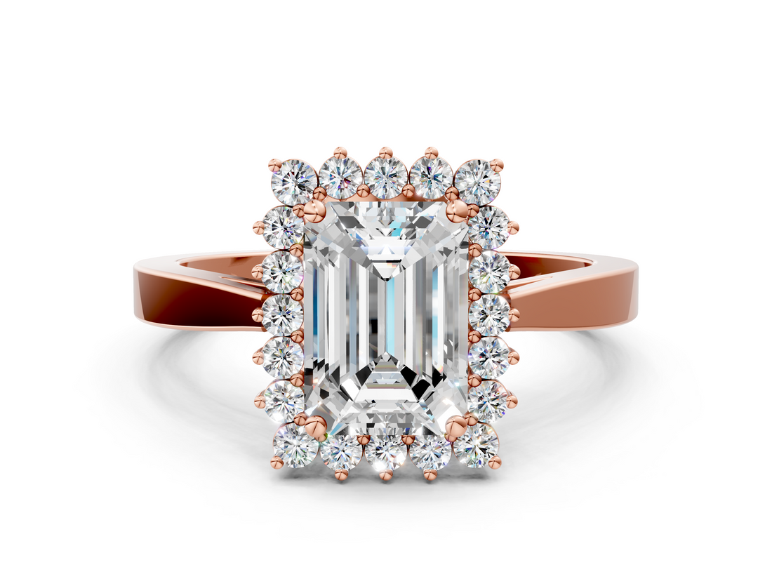 Rose gold Emerald Cut Diamond Halo Ring with Round Brilliant Halo and Solitaire Band_104