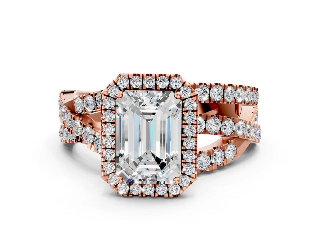 18K Rose Gold 10.02 Carat F VVS2 Emerald Diamond Halo Ring with Round Split Shank and Prong Setting