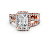 18K Rose Gold 10.02 Carat F VVS2 Emerald Diamond Halo Ring with Round Split Shank and Prong Setting