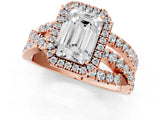 18K Rose Gold 10.02 Carat F VVS2 Emerald Diamond Halo Ring with Round Split Shank and Prong Setting
