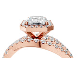 18K Rose Gold 10.02 Carat F VVS2 Emerald Diamond Halo Ring with Round Split Shank and Prong Setting