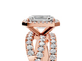 18K Rose Gold 10.02 Carat F VVS2 Emerald Diamond Halo Ring with Round Split Shank and Prong Setting