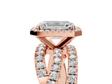 Rose gold Emerald Cut Diamond Halo Ring with Round Split Shank and Prong Setting_41