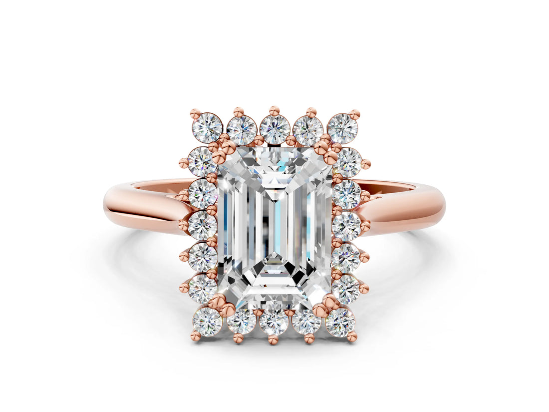 Rose gold Emerald Cut Diamond Halo Ring with Solitaire Band and Prong Setting_70