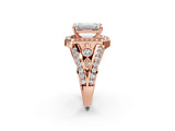 Rose gold Emerald Cut Diamond Halo Ring with Split Shank and Bezel Accents and Four-Prong Setting_11