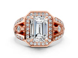 Rose gold Emerald Cut Diamond Halo Ring with Split Shank and Bezel Accents and Four-Prong Setting_9