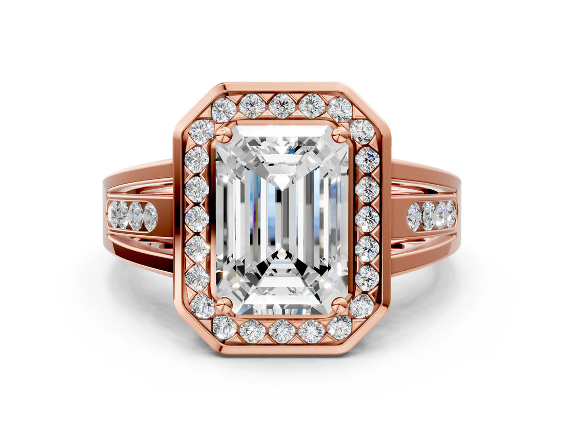 Rose gold Emerald Cut Diamond Halo Ring with Split Shank and Bezel Accents and Prong Setting_26