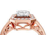 Rose gold Emerald Cut Diamond Halo Ring with Split Shank and Bezel Accents and Prong Setting_30