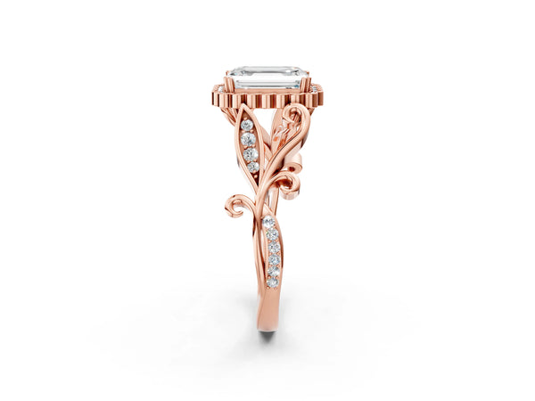 Rose Gold Emerald Cut Graduated Leaf Halo Engagement Ring Setting