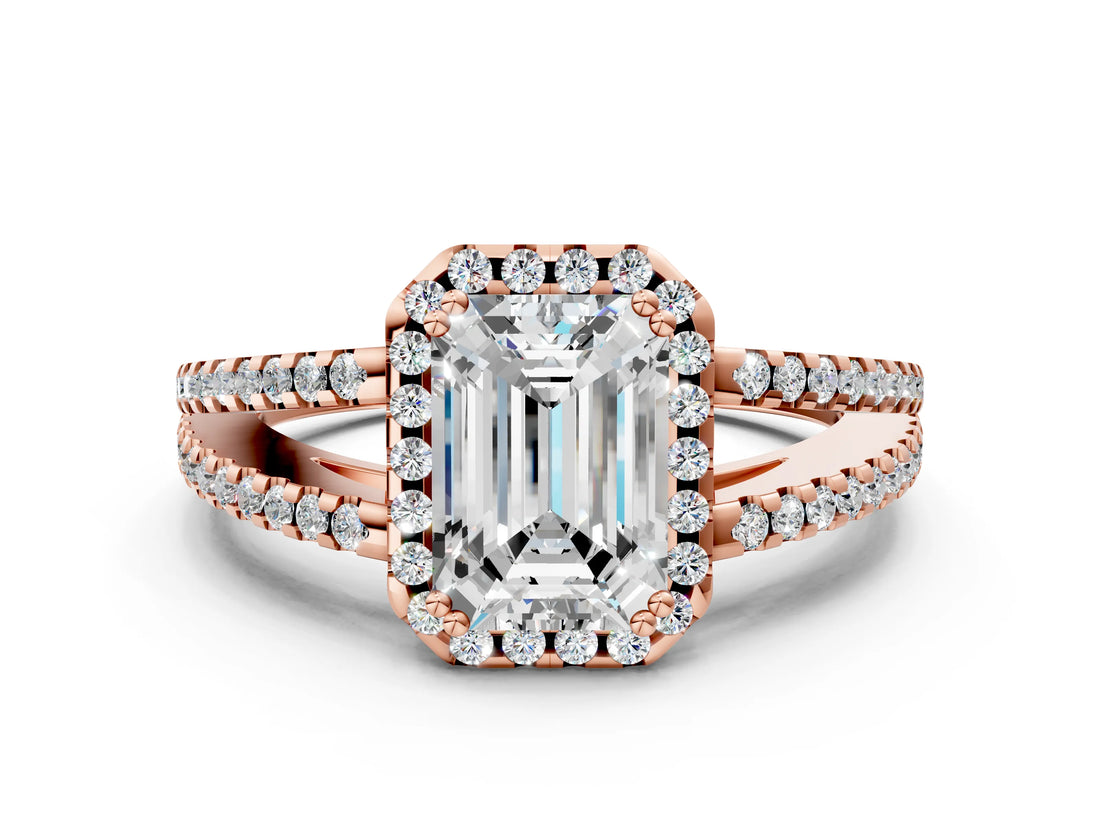 Rose gold Emerald Cut Diamond Halo Split Shank Engagement Ring_61