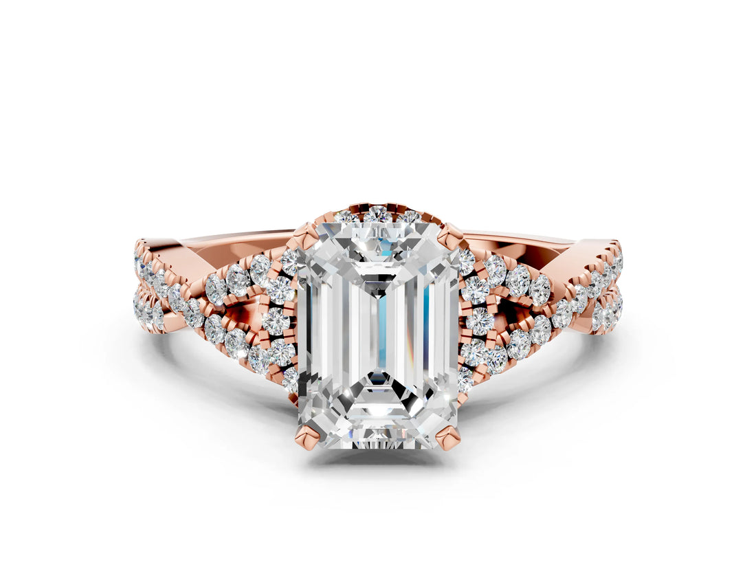 Rose gold Emerald Cut Diamond  Halo Twist Band Solitaire Prong Setting Ring_118