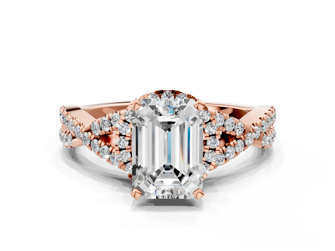 Rose gold Emerald Cut Diamond  Halo Twist Band Solitaire Prong Setting Ring_42