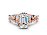 Rose gold Emerald Cut Diamond  Halo Twist Band Solitaire Prong Setting Ring_42