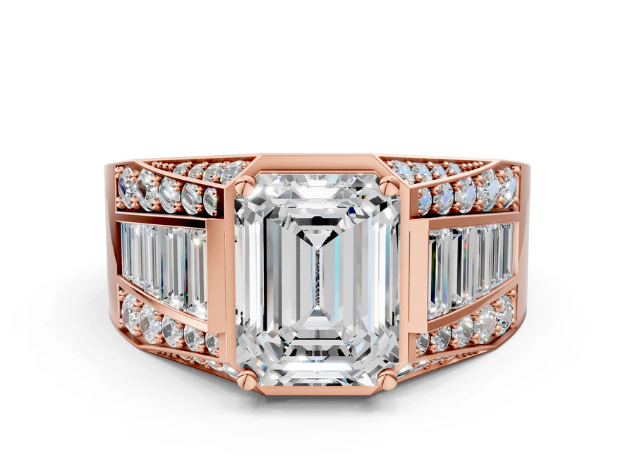 Rose gold Emerald Cut Diamond Mens Ring with Baguette Side Stones