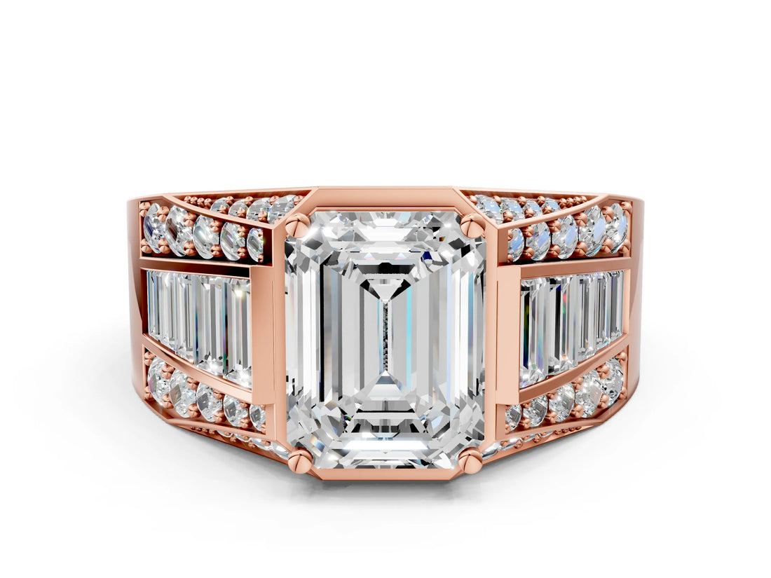 14K Rose Gold 2.00 Carat E VVS1 Emerald Cut Diamond Mens Ring with Baguette Side Stones