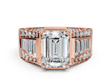 14K Rose Gold 2.00 Carat E VVS1 Emerald Cut Diamond Mens Ring with Baguette Side Stones