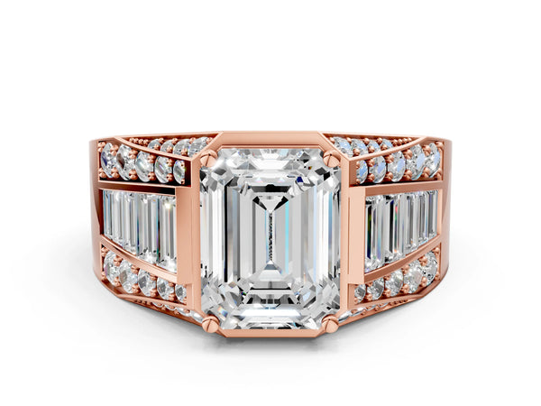 14K Rose Gold 2.00 Carat E VVS1 Emerald Cut Diamond Mens Ring with Baguette Side Stones