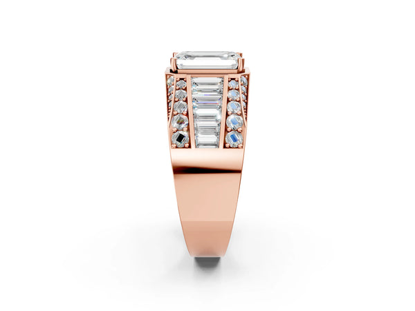 14K Rose Gold 2.00 Carat E VVS1 Emerald Cut Diamond Mens Ring with Baguette Side Stones