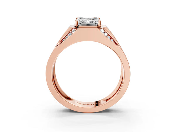 14K Rose Gold 2.00 Carat E VVS1 Emerald Cut Diamond Mens Ring with Baguette Side Stones