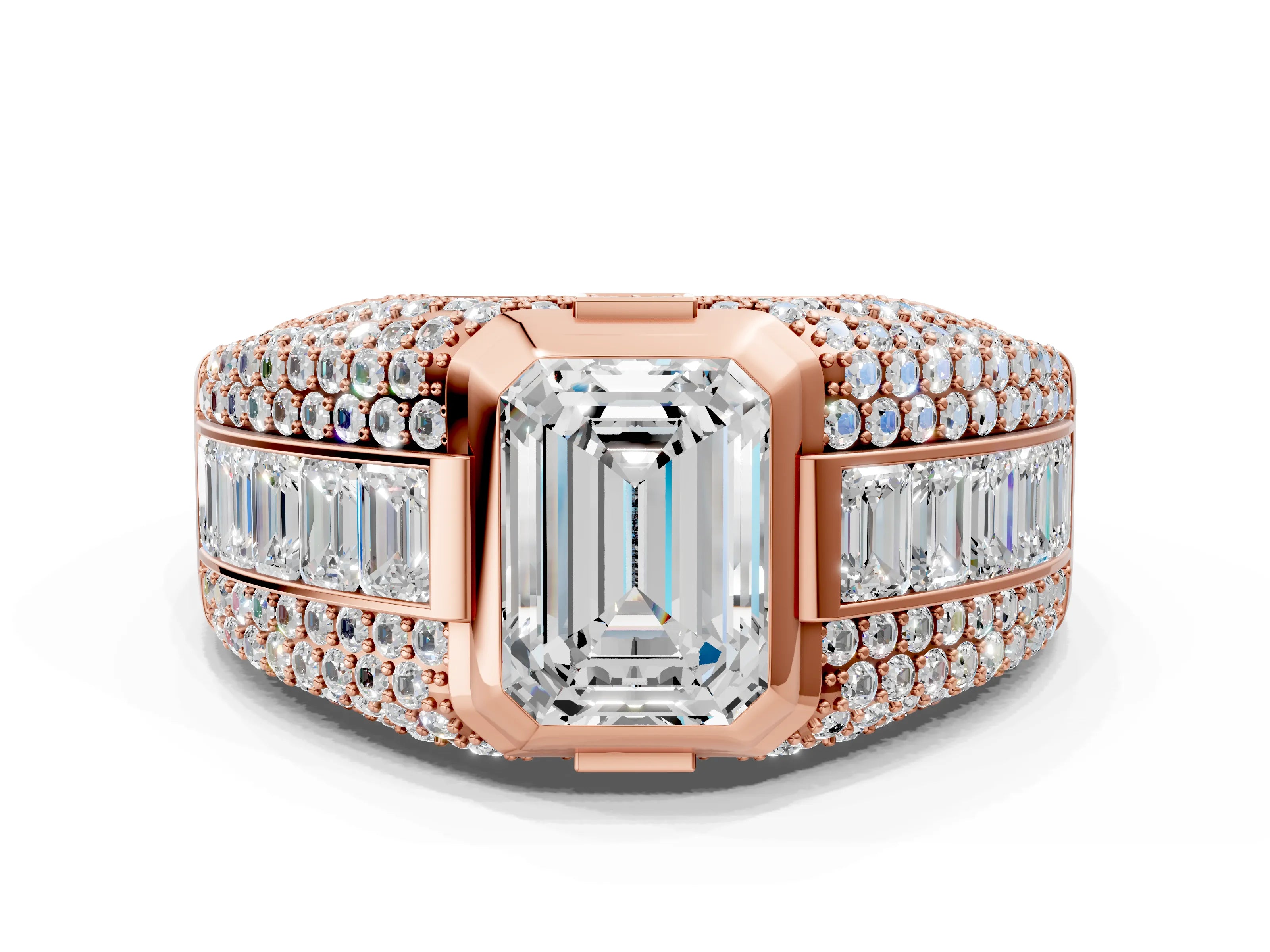 Rose gold Emerald Cut Diamond Mens Ring with Side Stones_24