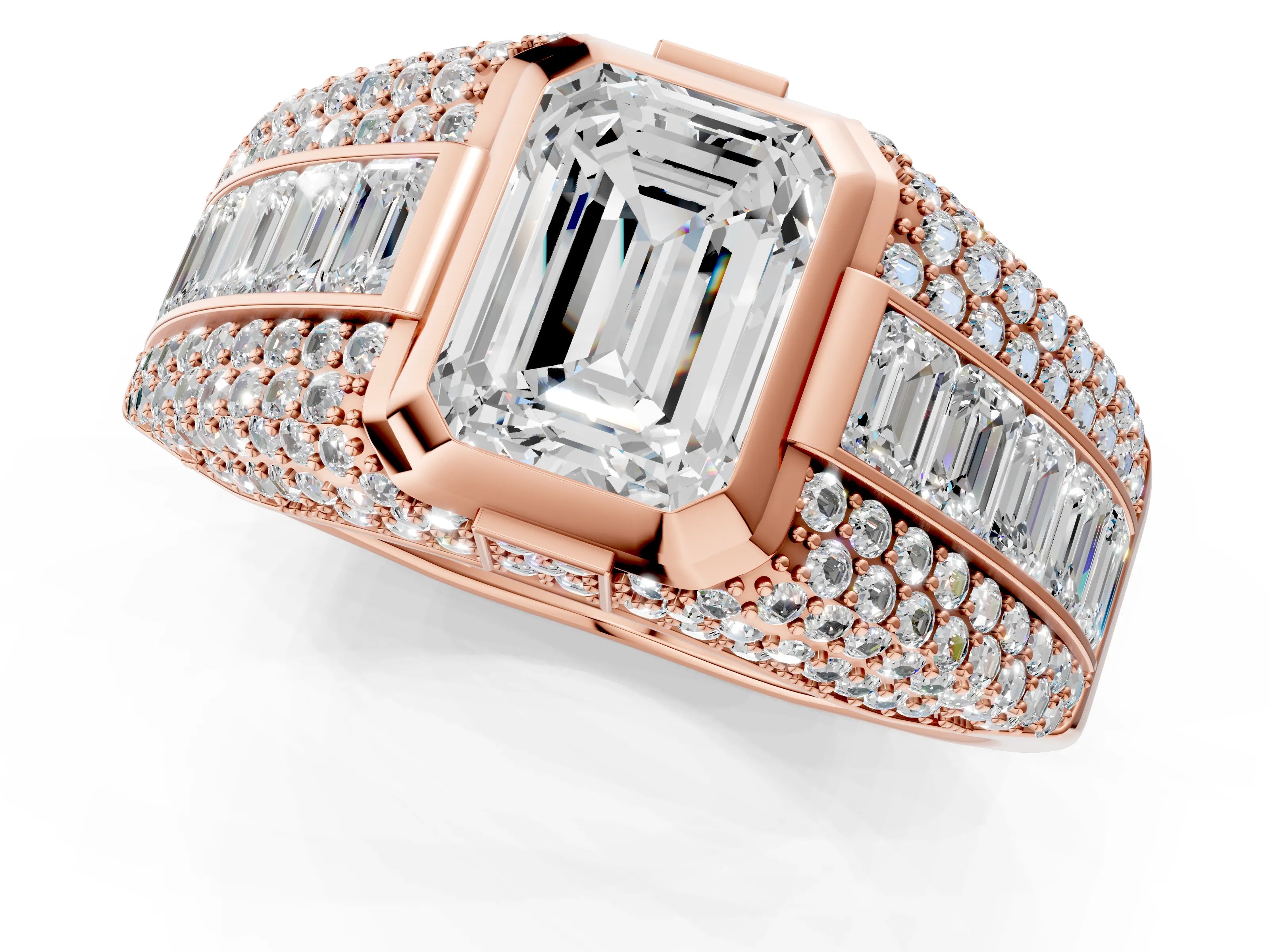 Rose gold Emerald Cut Diamond Mens Ring with Side Stones_25