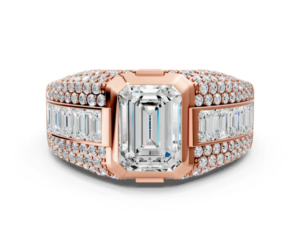 Rose gold Emerald Cut Diamond Mens Ring with Side Stones