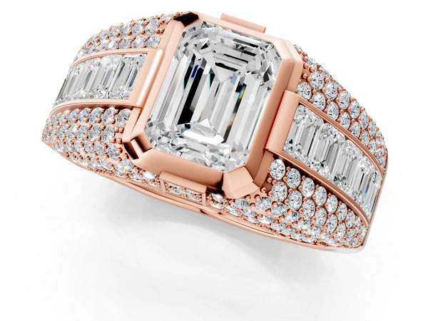 Rose gold Emerald Cut Diamond Mens Ring with Side Stones
