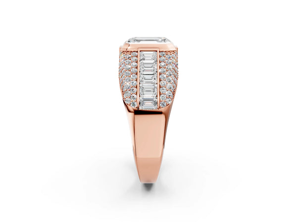 Rose gold Emerald Cut Diamond Mens Ring with Side Stones