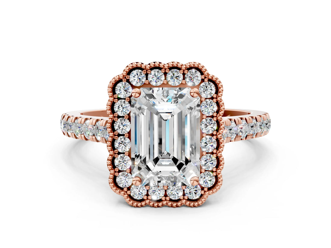 Rose gold Emerald Cut Diamond Milgrain Floral Halo Engagement Ring with Pavé Band_21