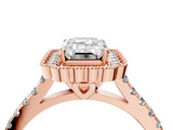 Rose gold Emerald Cut Diamond Milgrain Floral Halo Engagement Ring with Pavé Band_25