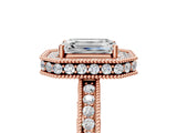 Rose gold Emerald Cut Diamond Milgrain Halo Engagement Ring with Round Pavé Band and Prong Setting_17