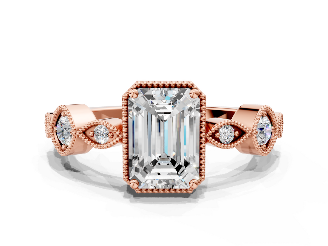 Rose gold Emerald Cut Diamond Milgrain Marquise Band with Prong Setting_3