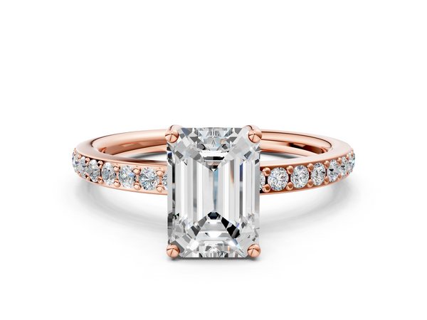 Rose Gold Emerald Cut Hidden Halo Engagement Ring Setting with Slim Micro Pave Band