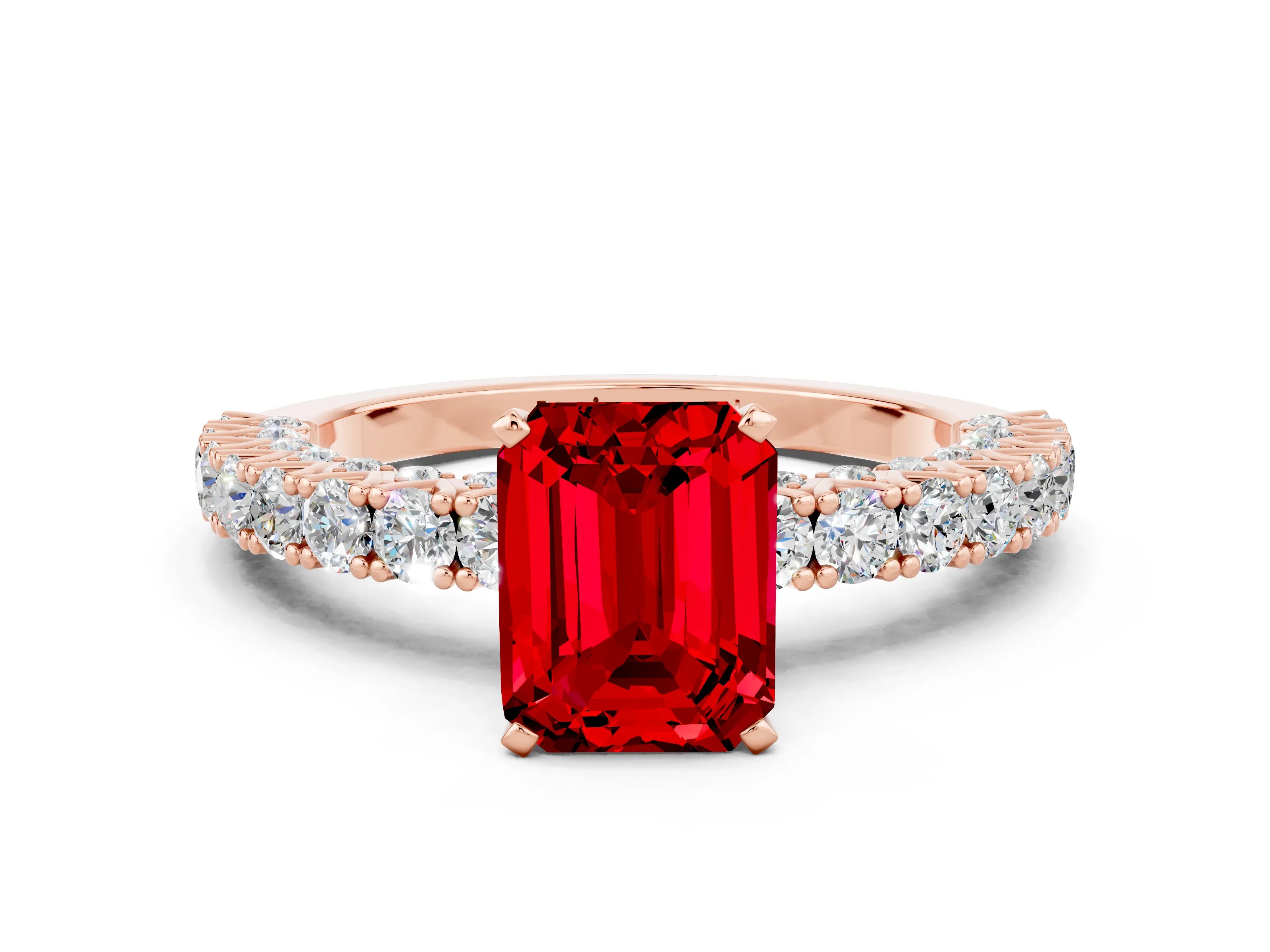 Rose gold Emerald Cut Diamond Pavé Band Solitaire Ring with Prong Setting