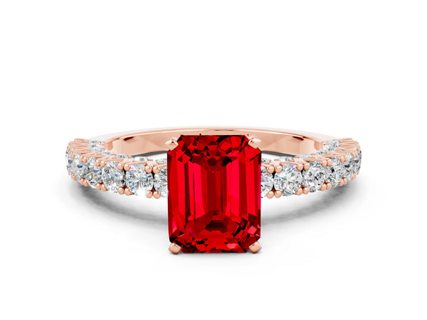 Rose gold Emerald Cut Diamond Pavé Band Solitaire Ring with Prong Setting